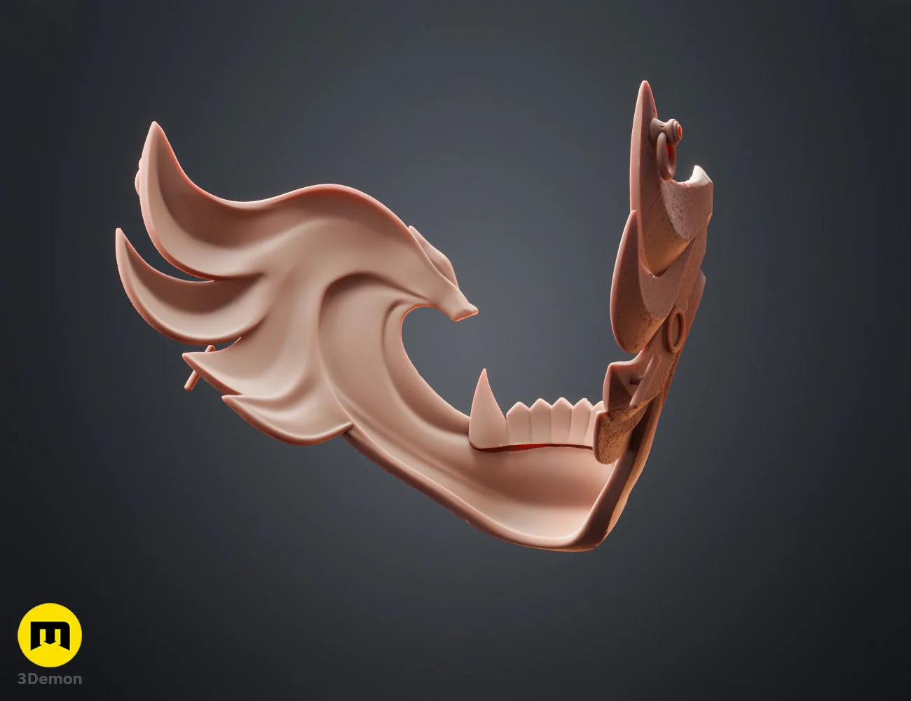 3D render of Twin Wolves Mask Ghost of Yotei grey samurai mask with wolf crest three-quarter view