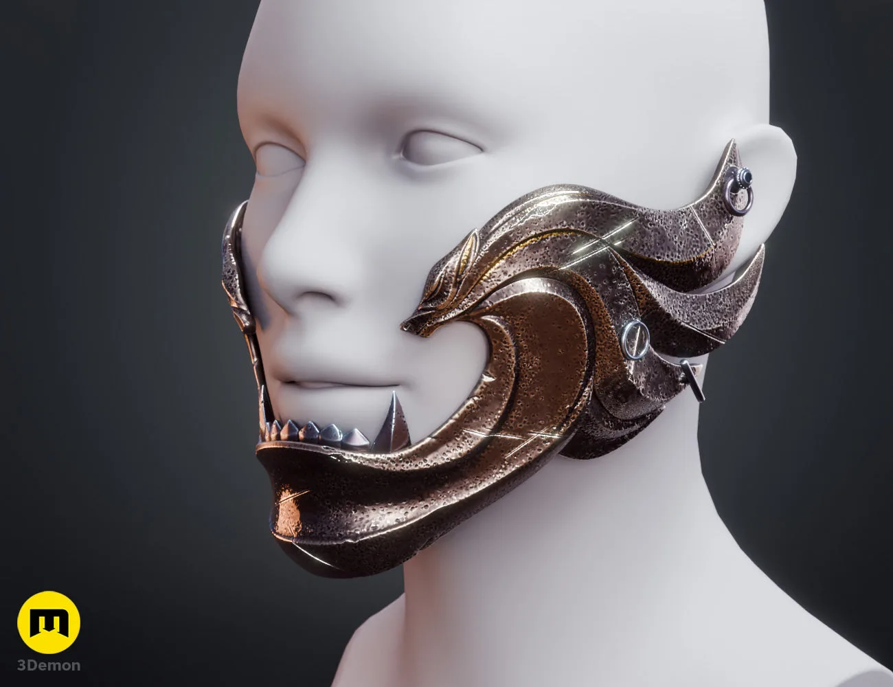 3D render of Twin Wolves samurai cosplay mask Ghost of Yotei grey model angled front-right view