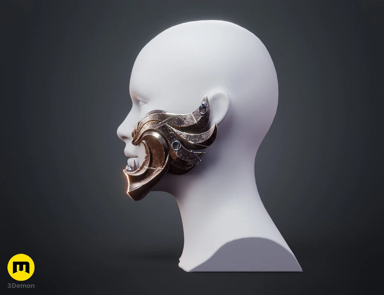 3D render of Twin Wolves samurai mask from Ghost of Yotei grey STL model top-down view
