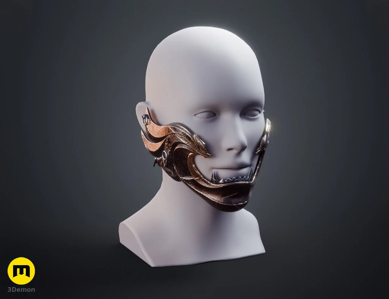 3D render of Twin Wolves samurai mask Ghost of Yotei grey model left side view with wolf crest