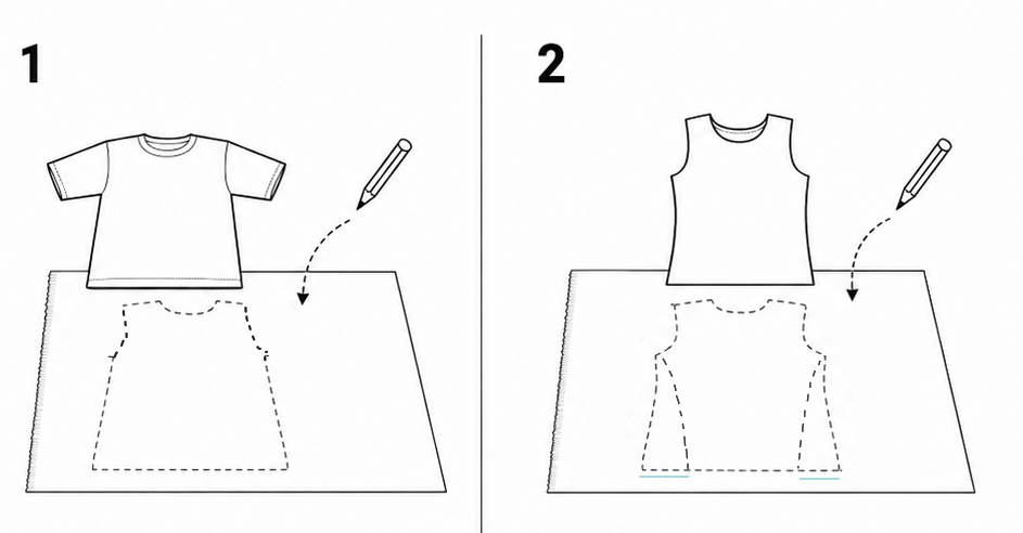 Diagram showing how to trace a T-shirt and tank top to make the dress pattern