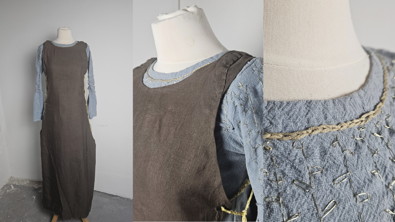 Finished Éowyn refugee costume shown on a mannequin from three angles