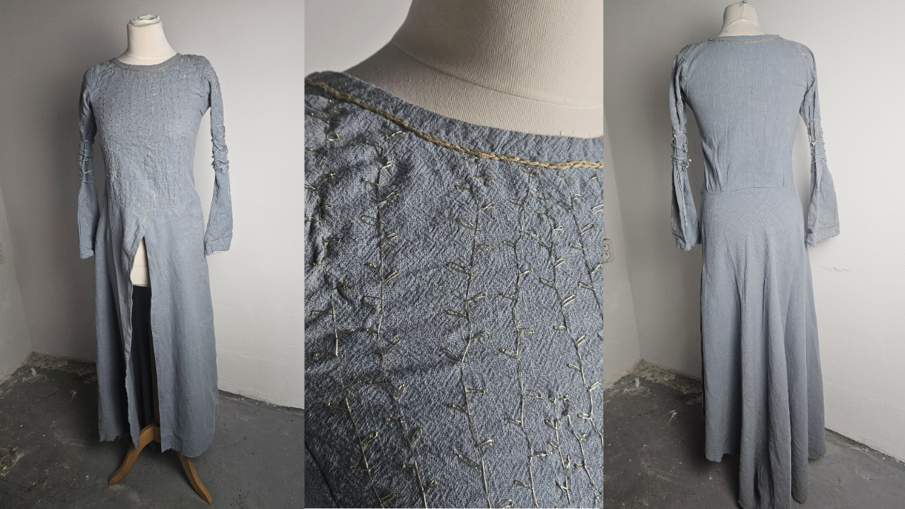 Blue underdress on a mannequin with embroidered neckline detail