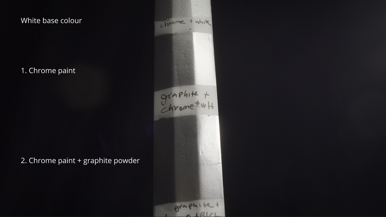 Chrome paint test swatches over a white base coat