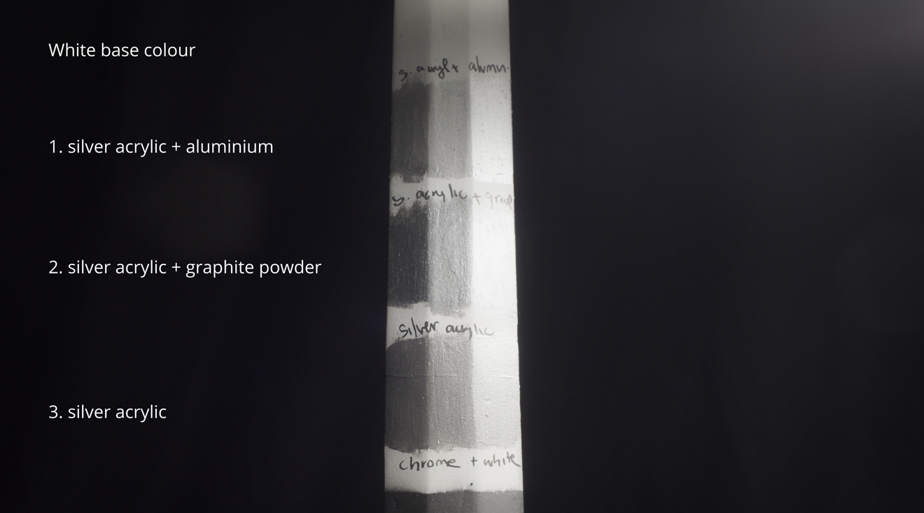 Paint test swatches over a white base coat: silver acrylic, graphite powder and aluminium