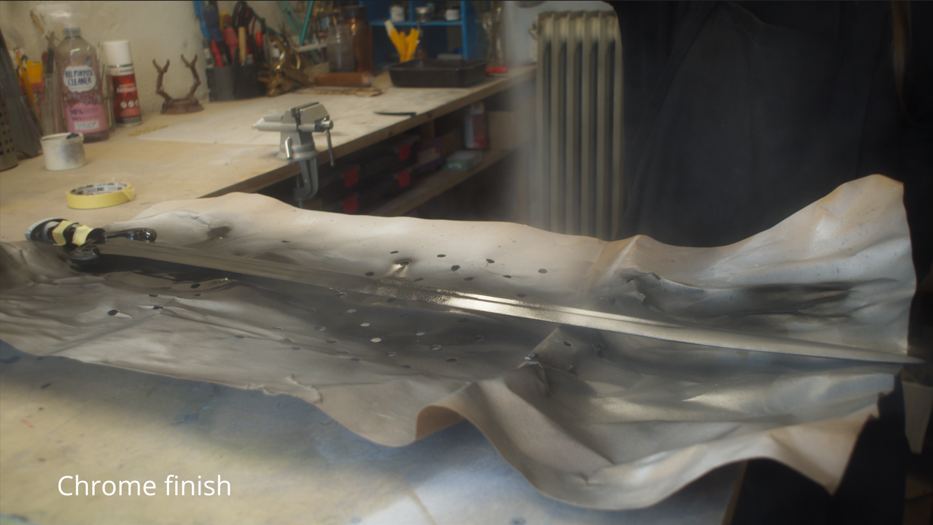 Finished chrome effect on the sprayed sword blade