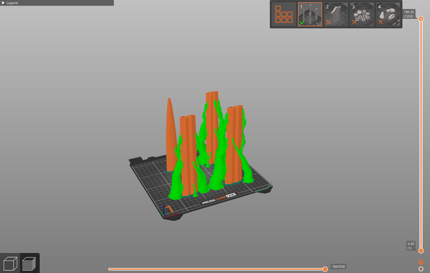 Sword parts arranged on the print bed with supports in the slicer