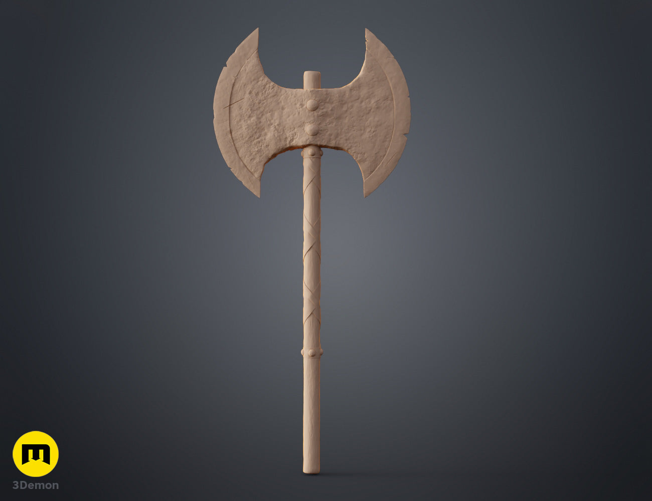 Clay render close-up of Astrid How to Train Your Dragon axe head and handle top showing high-relief Norse sculpted patterns hammered texture and rugged 3D model surface detail