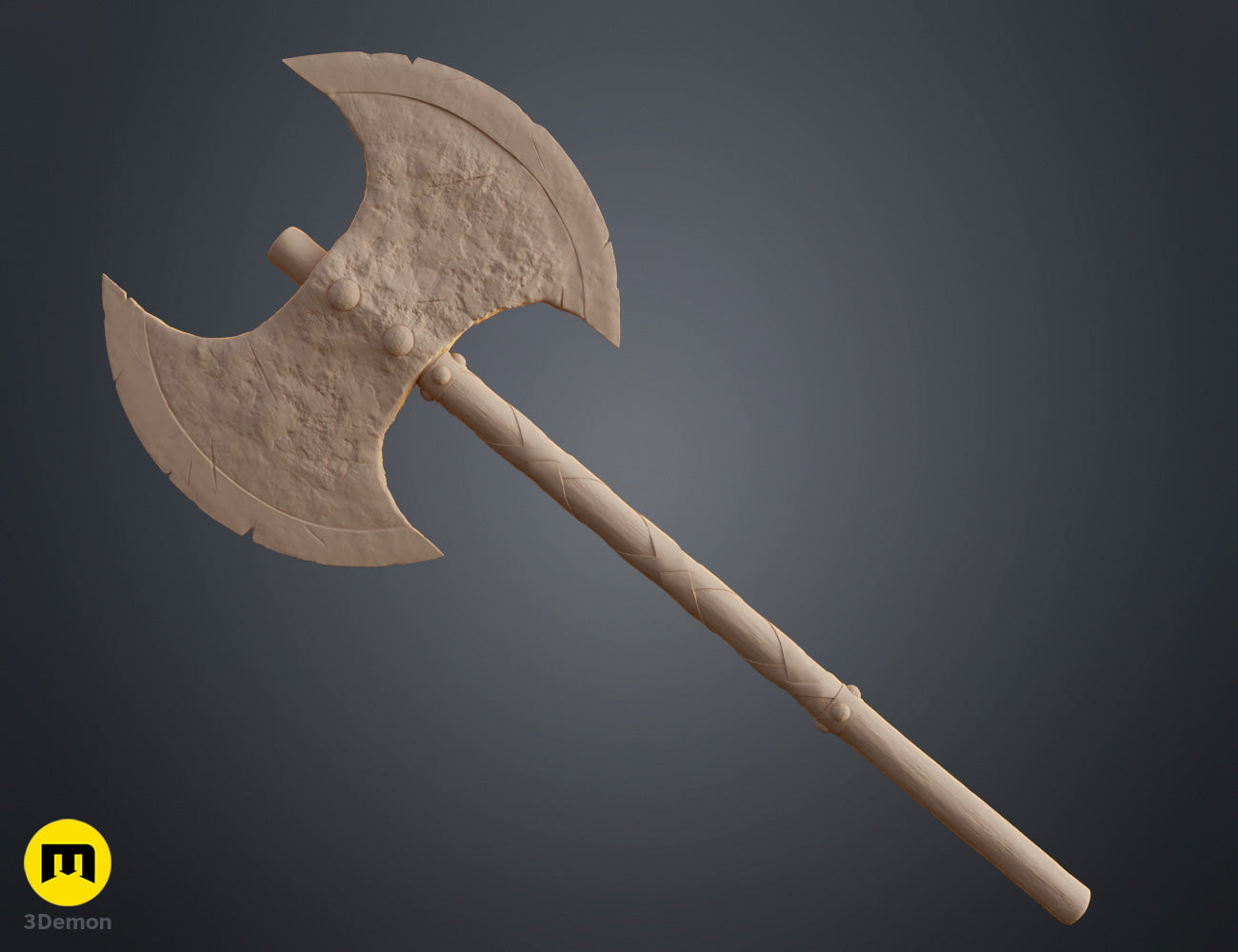 Clay render focused view of Astrid How to Train Your Dragon axe handle mid-section showing detailed sculpted wood grain and overlapping leather binding fold geometry