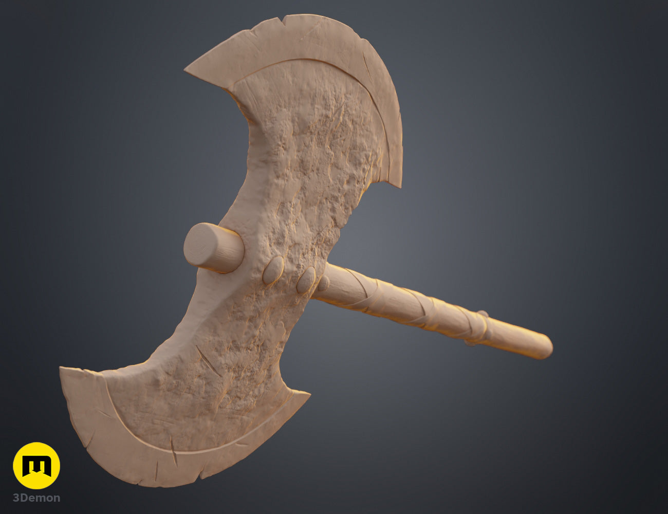 Clay render detail of Astrid How to Train Your Dragon axe pommel base showing textured wood end and decorative metallic ring near bottom of handle