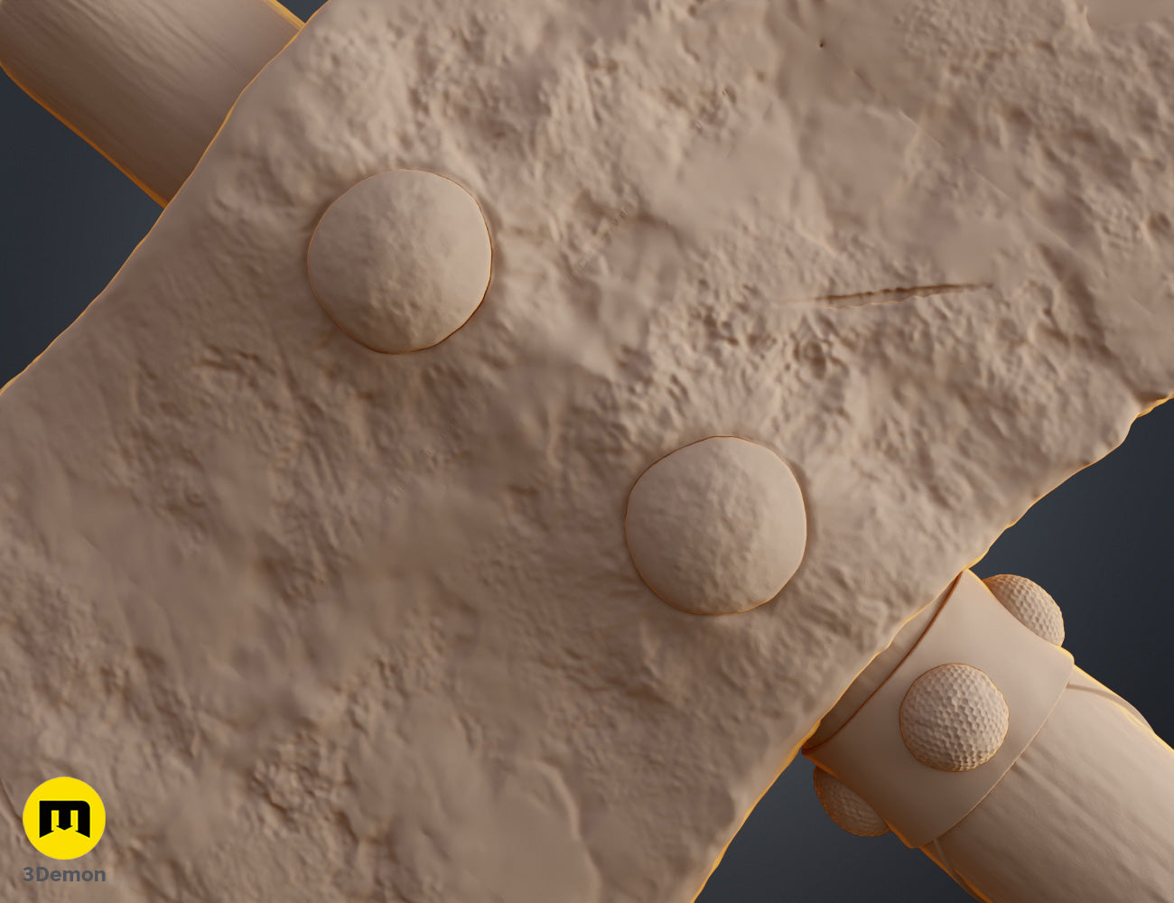 Clay render extreme close-up of Astrid How to Train Your Dragon axe central mounting block showing large structural rivets and deep horizontal battle scar on the metallic surface