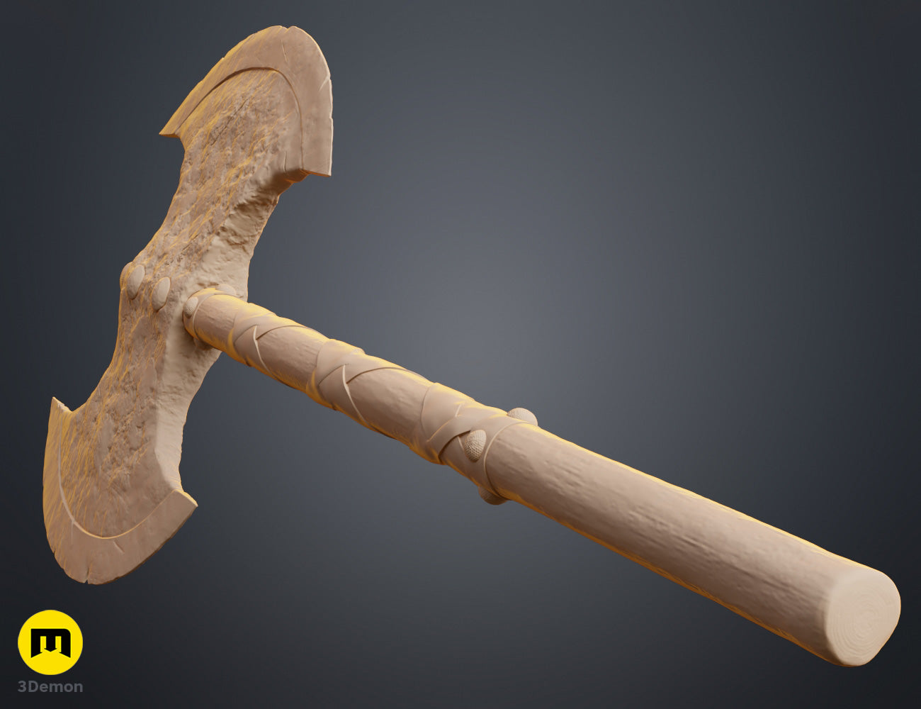 Clay render full-length low-angle view of Astrid How to Train Your Dragon battle axe in neutral material emphasizing 120cm total height and crescent blade to shaft scale ratio