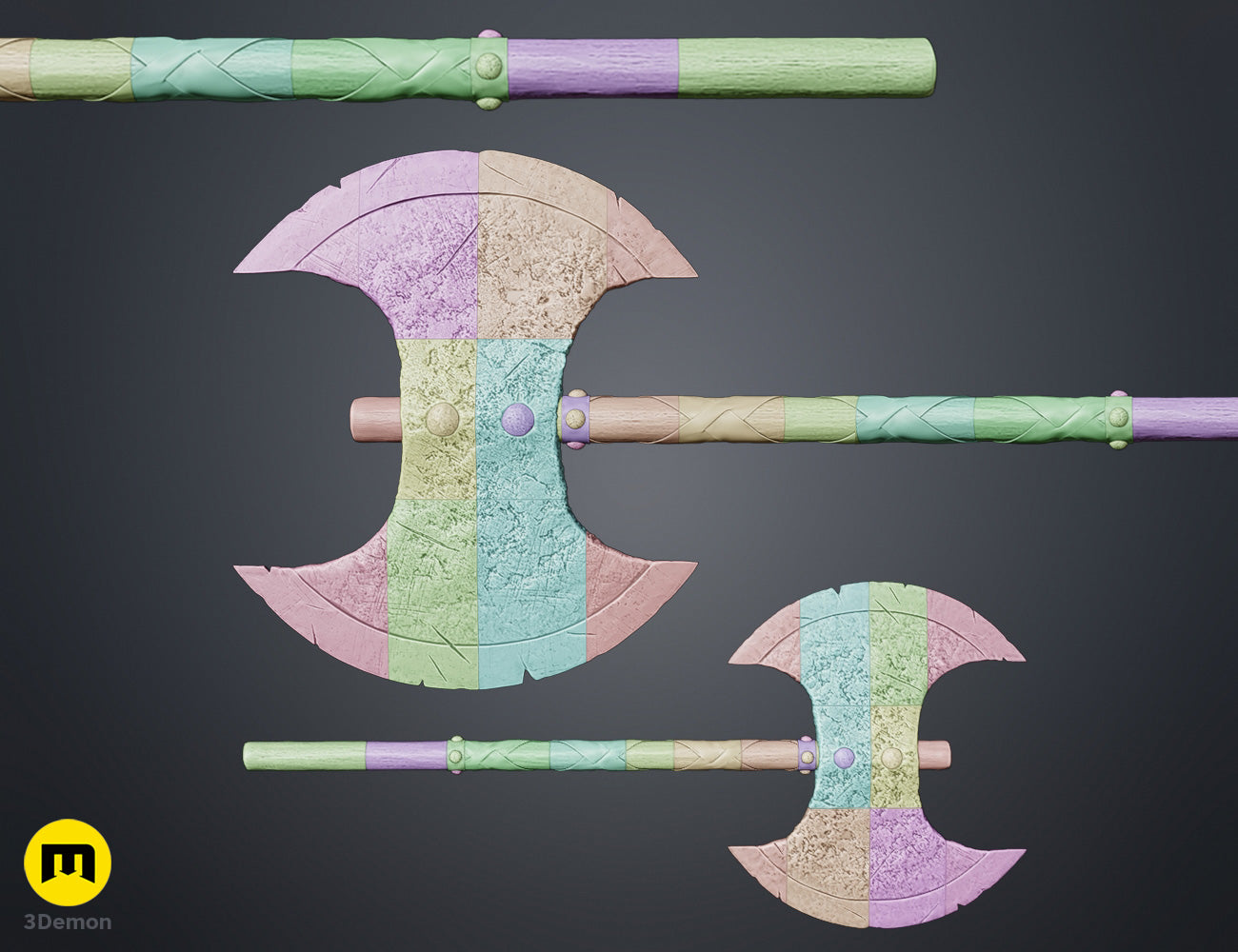Assembly guide clay render of Astrid How to Train Your Dragon axe head internal structure showing modular handle shaft segments with alignment pin connections for 3D printing assembly