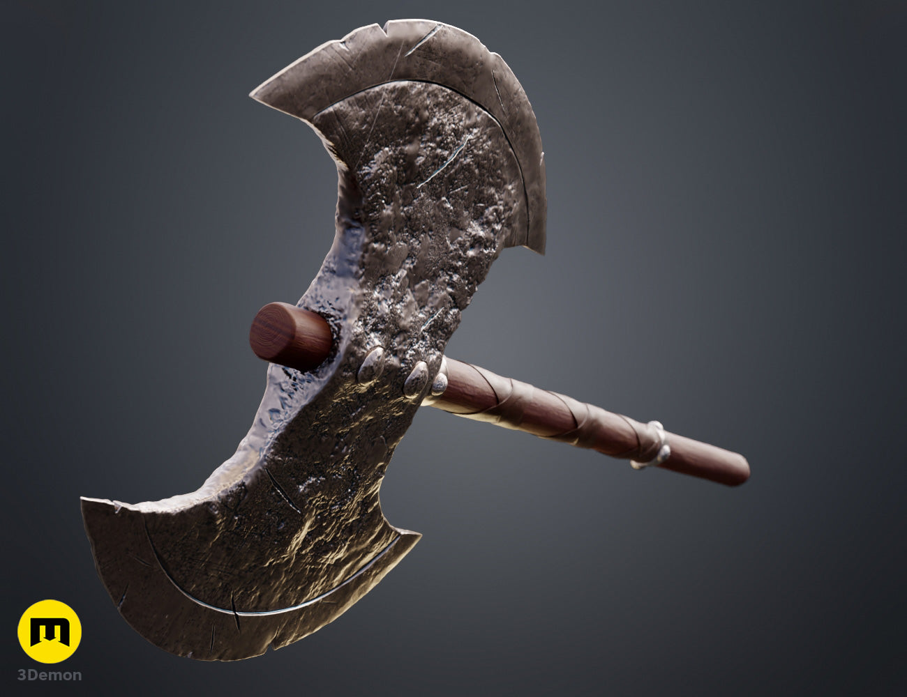 Painted 3D render detail of Astrid How to Train Your Dragon handle mid-section showing realistic wood grain texture and crisscross leather binding with metallic rivets detail