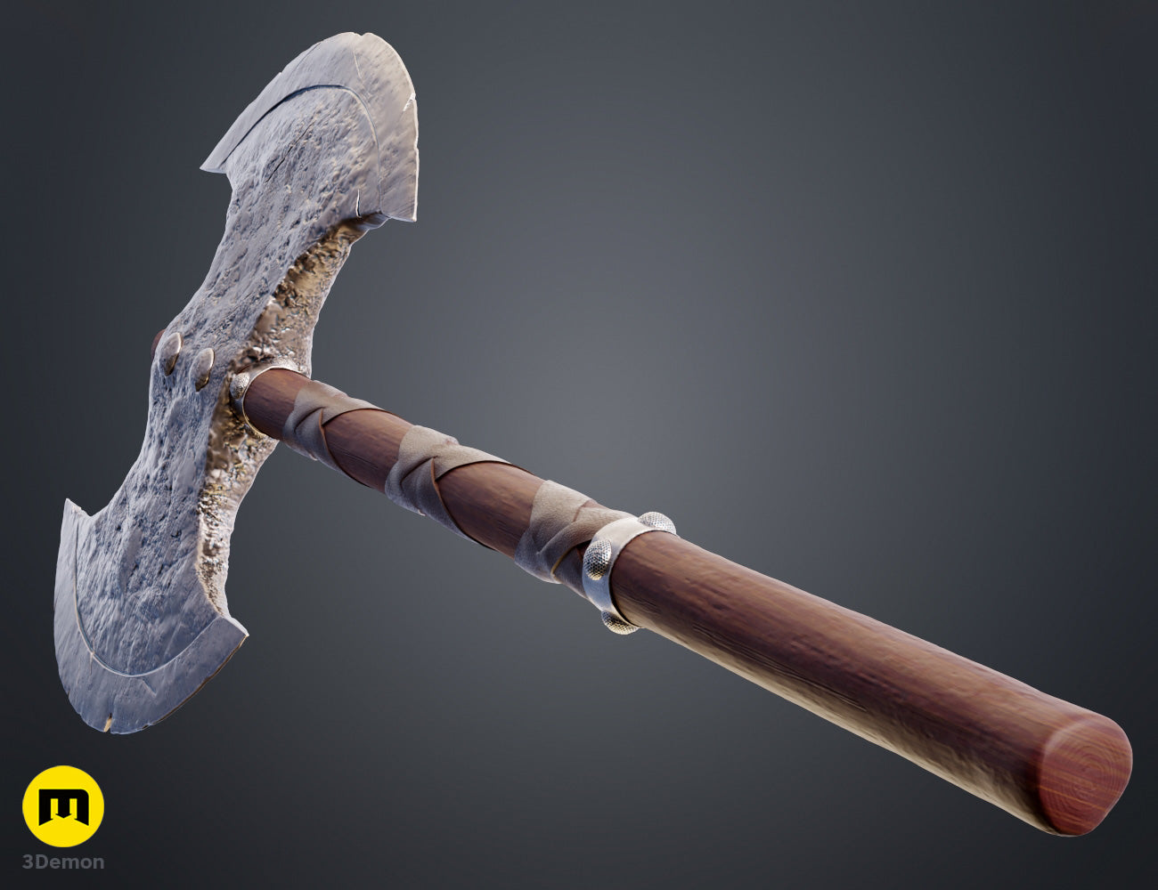 Painted 3D render detail of Astrid How to Train Your Dragon axe blade edge and flat face showing fine Norse scrollwork pitted hand-forged metallic appearance and aged dark metal look