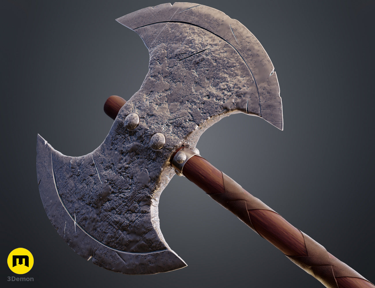 Painted 3D render close-up of Astrid How to Train Your Dragon axe head showing intricate Norse ornamental scrollwork engravings and hammered aged metallic crescent blade texture