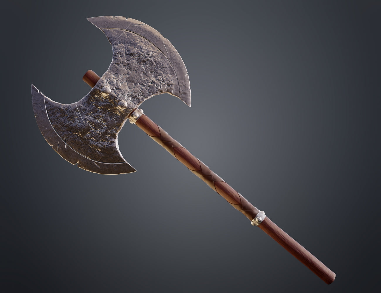 Painted 3D render full view of Astrid How to Train Your Dragon battle axe dark weathered metallic crescent blade Norse engraved head long wood-grain handle with crisscross leather wrap