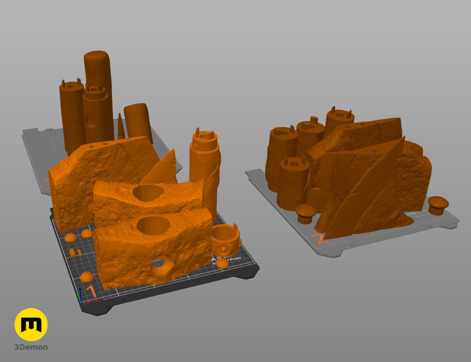 Slicer screenshot of Astrid How to Train Your Dragon axe STL orange parts on two virtual 3D printer build plates showing blade and long handle segments arranged for FDM printing
