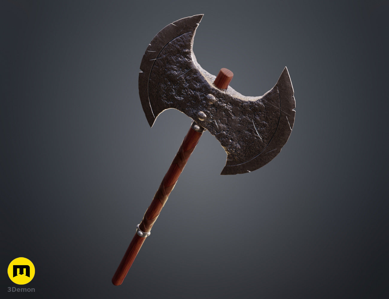 Painted 3D render full proportional view of Astrid How to Train Your Dragon axe on dark background showing double-crescent Viking axe head with Norse engravings and long realistic wood-grain handle