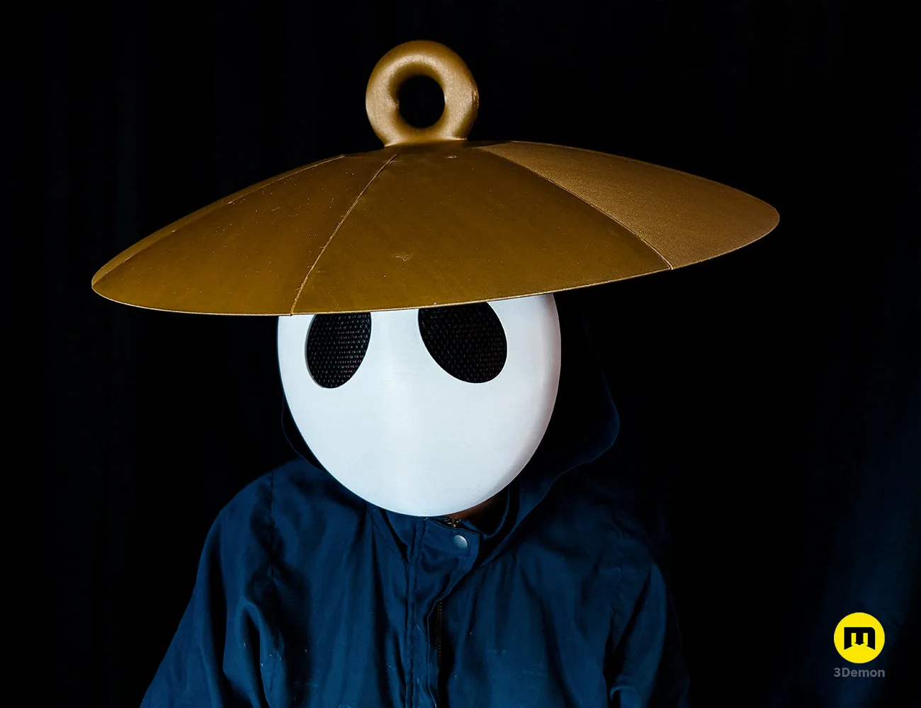 Close-up lifestyle photo of Sherma 3D printed mask and hat from Hollow Knight Silksong by 3Demon