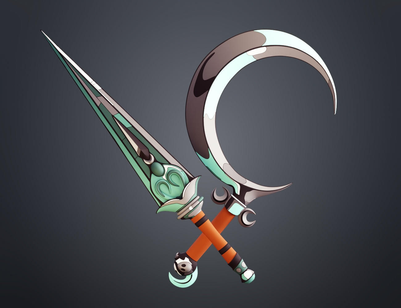 Digital cel-shaded render of both Hades 2 Melinoë Sister Blades crossed showing teal green sickle and dagger with orange handles black cel-shaded outlines and 3Demon watermark