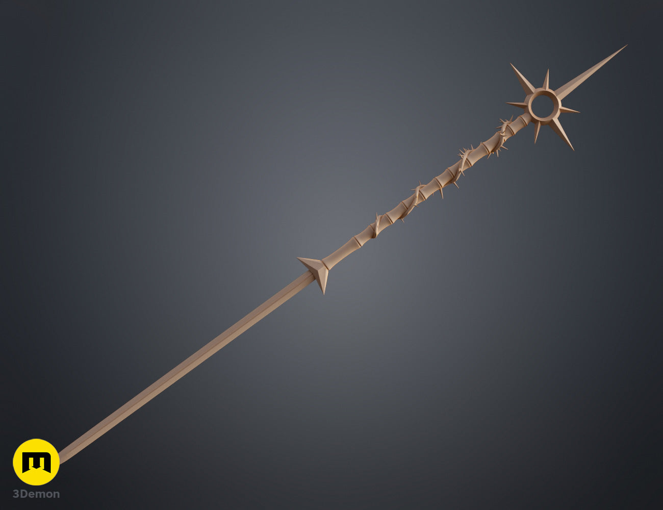 Clay render full-length view of Lythienne Dark Enchantress Staff Lords of the Fallen STL showing complete proportions thorny wrap spiked collar and full circular head