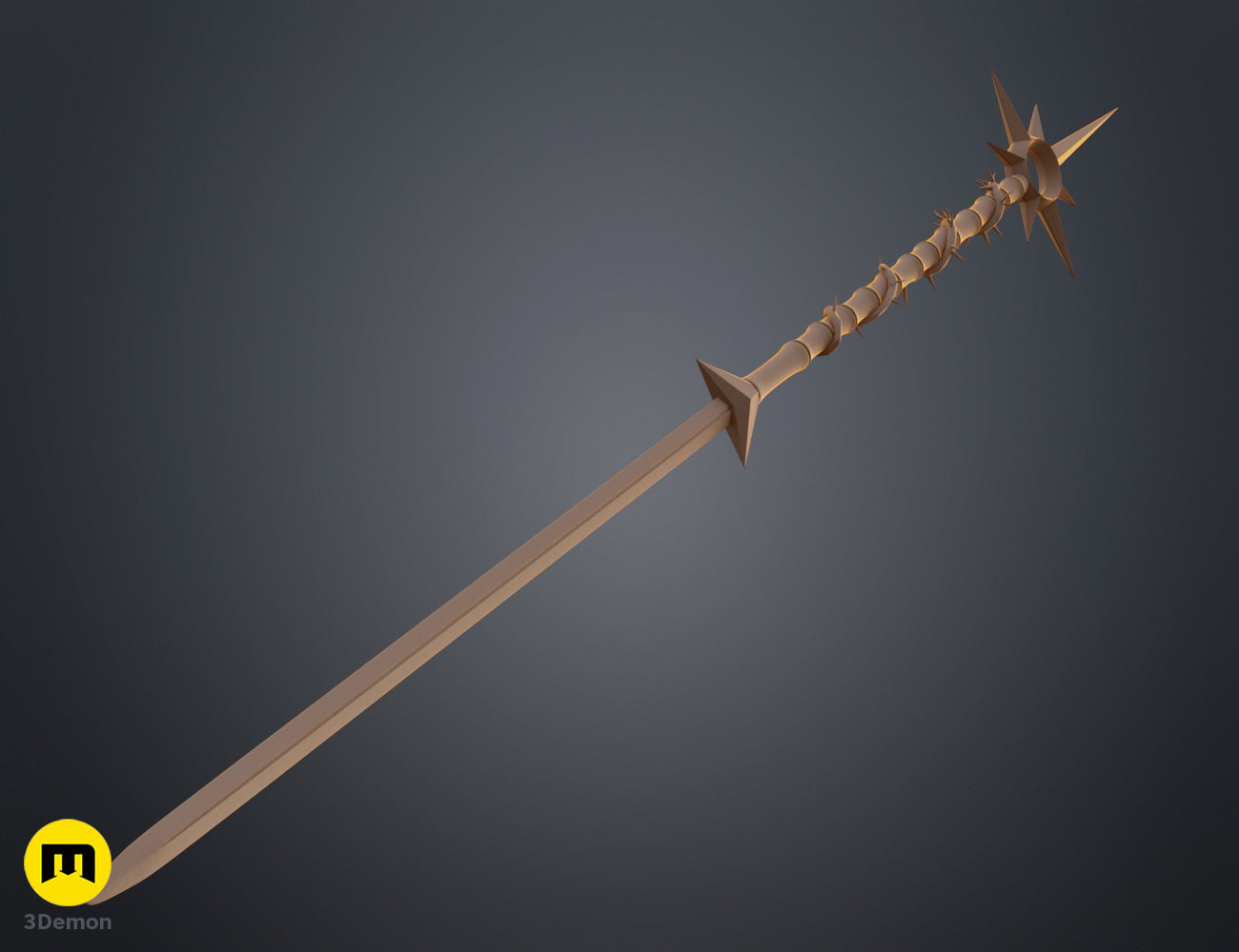 Clay render close-up of Lythienne Dark Enchantress Staff Lords of the Fallen upper handle showing organic thorny vine wrap geometry just below the spiked head element