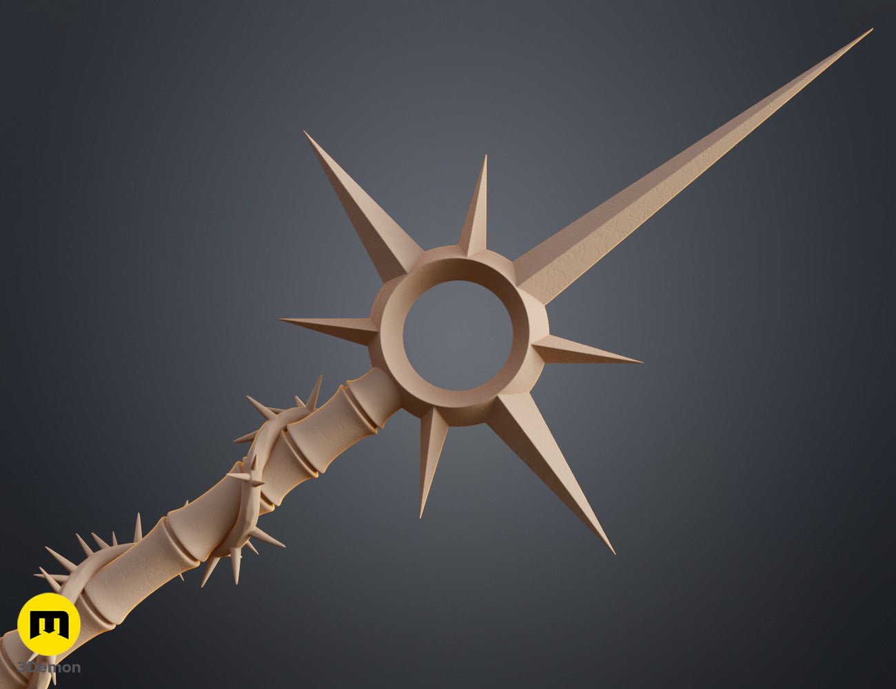 Clay render close-up of Lythienne Dark Enchantress Staff Lords of the Fallen head showing circular core geometry and surrounding spike crown formation in tan clay material
