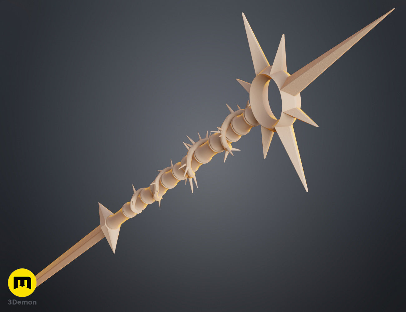 Clay render close-up of Lythienne Dark Enchantress Staff Lords of the Fallen base pommel showing sharp faceted geometry and pointed spikes at staff bottom in tan clay