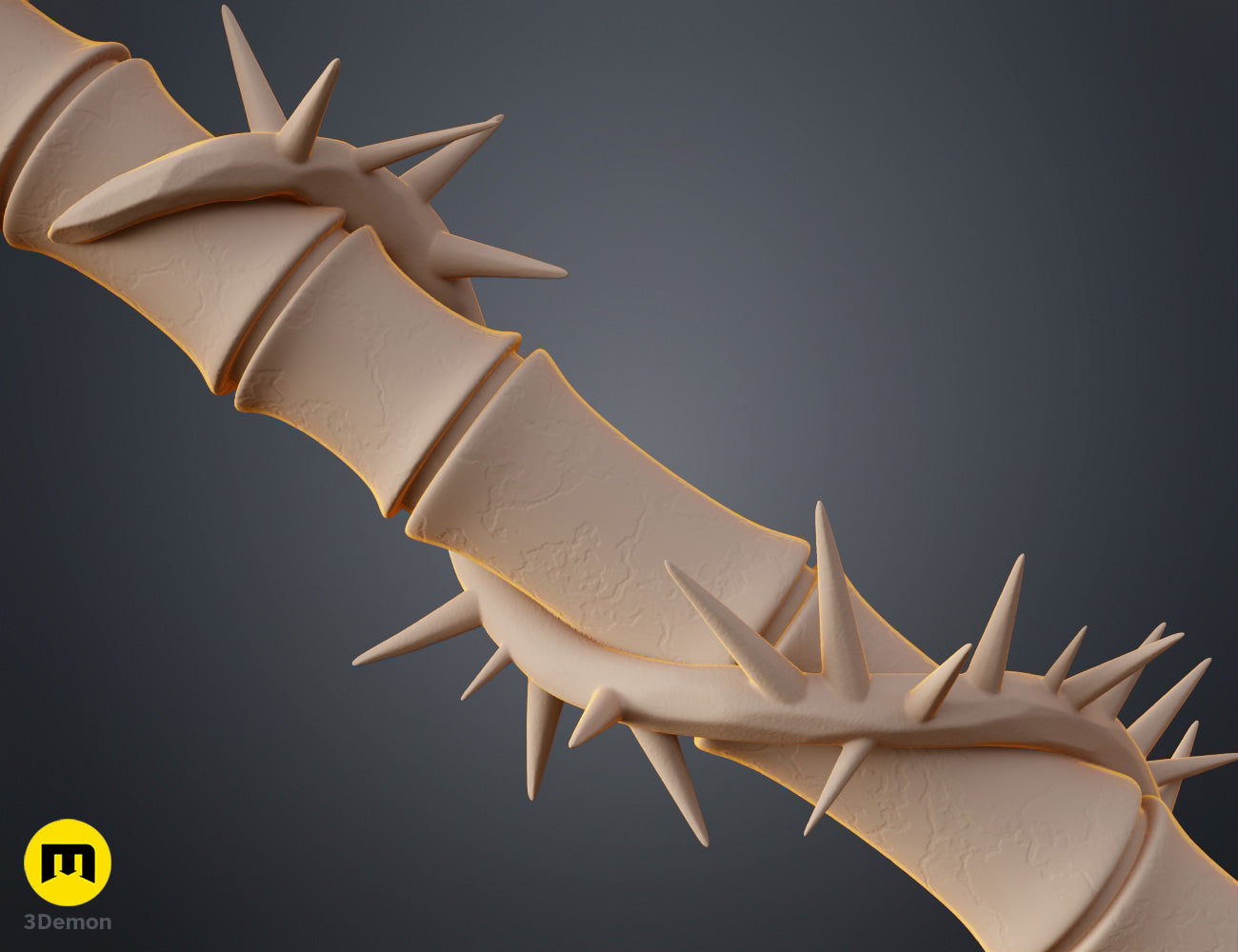 Clay render close-up of Lythienne Dark Enchantress Staff Lords of the Fallen middle section showing thorny vine wrap and spiked collar in neutral tan material no texture