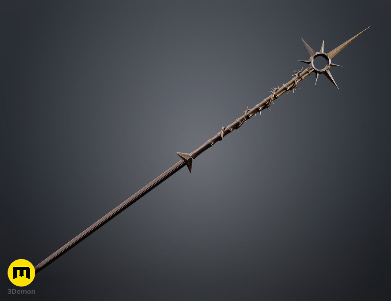 Painted render side-angle close-up of Lythienne Dark Enchantress Staff Lords of the Fallen head showing depth of spikes and thorny vine wrap around neck section