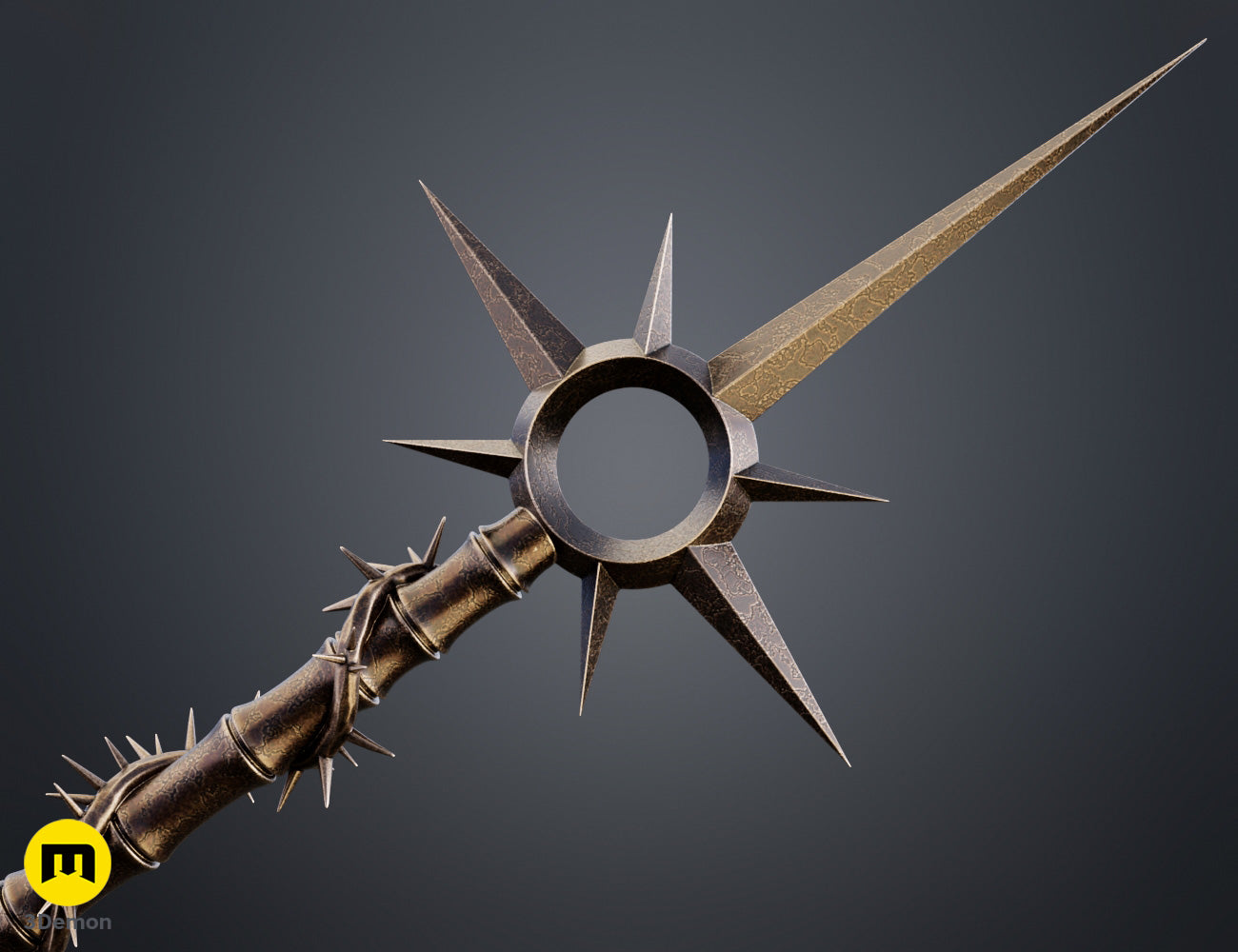 Painted render close-up of Lythienne Dark Enchantress Staff Lords of the Fallen head showing circular opening surrounded by irregular sharp jagged spikes dark metallic texture