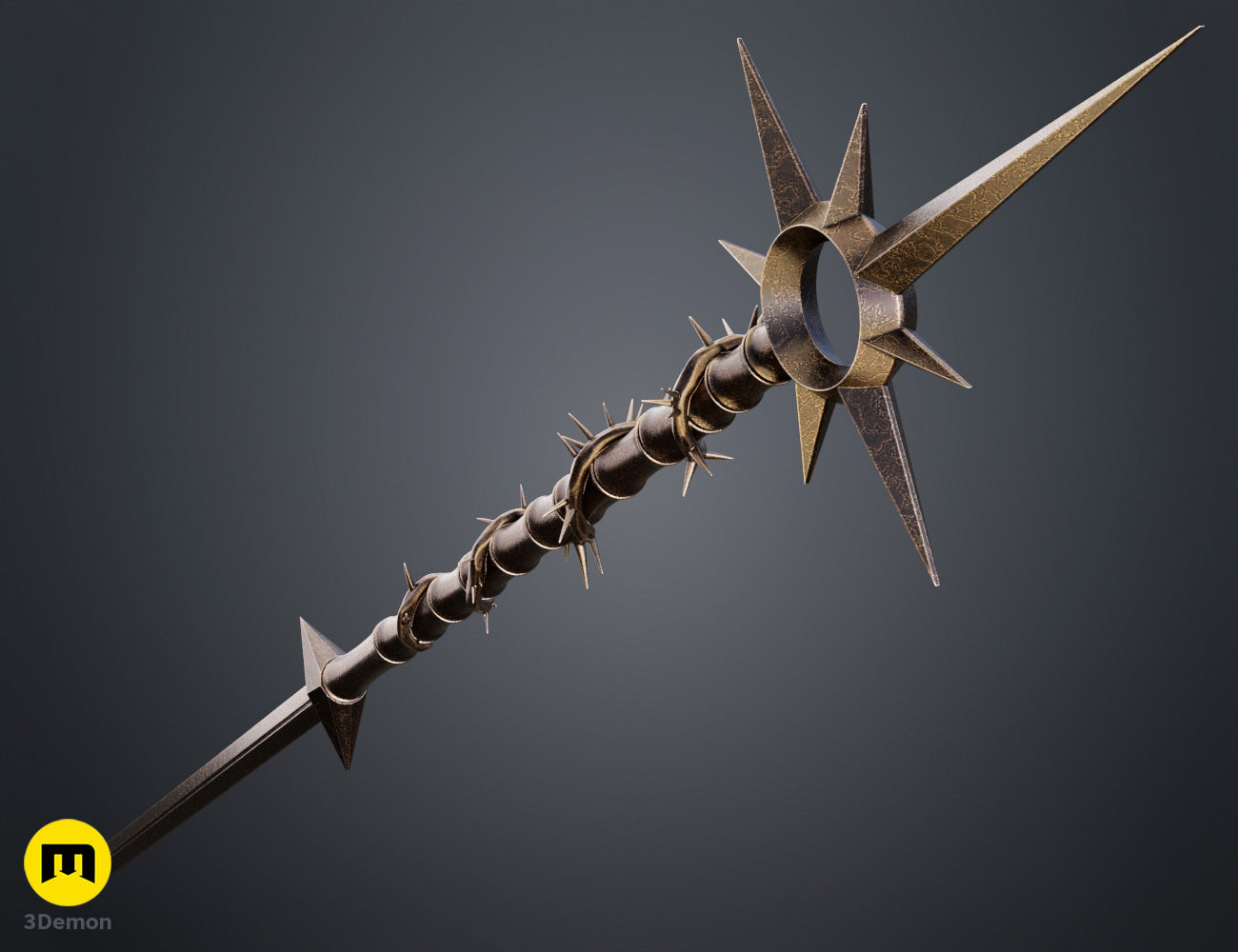 Painted render close-up of Lythienne Dark Enchantress Staff Lords of the Fallen middle spiked collar section showing irregular dark metallic sharp spikes protruding from handle