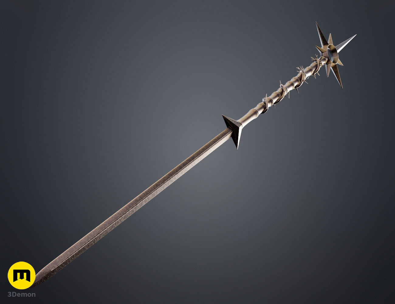 Painted render close-up of Lythienne Dark Enchantress Staff Lords of the Fallen bottom pommel showing dark metallic small sharp spikes matching aggressive gothic aesthetic