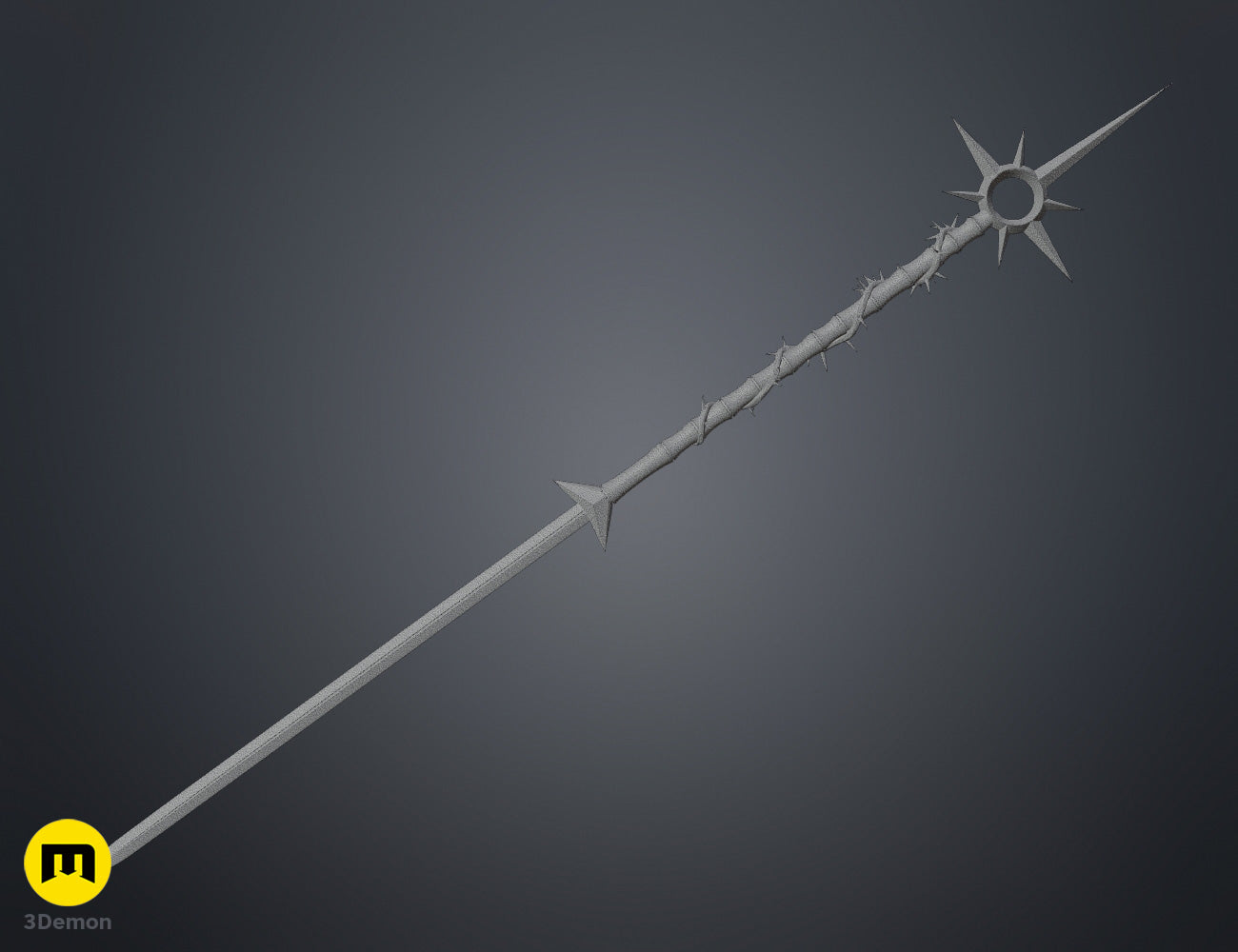 Wireframe mesh close-up of Lythienne Dark Enchantress Staff Lords of the Fallen head showing blue polygon topology lines of spiked circular crown