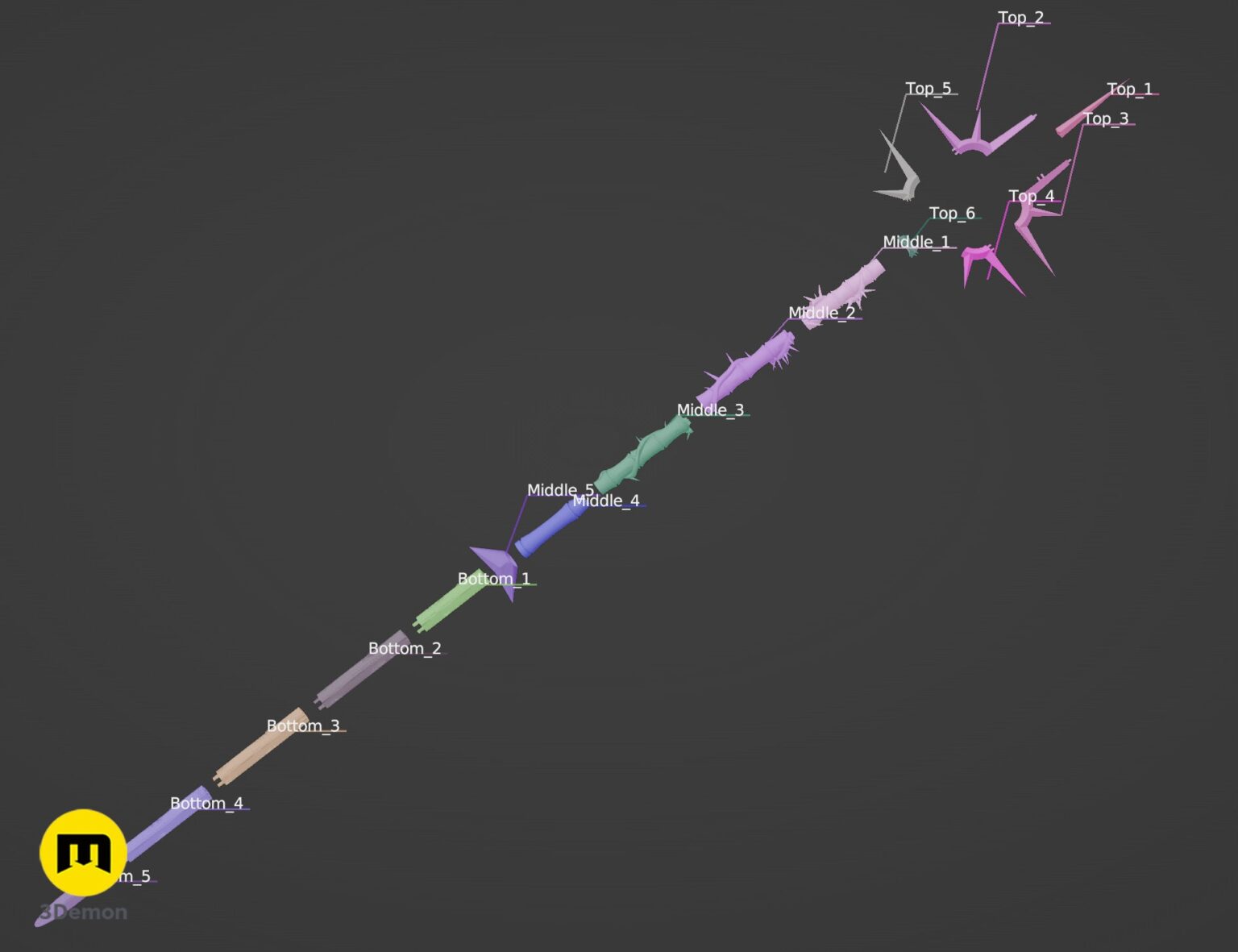 Assembly guide color-coded parts layout of Lythienne Dark Enchantress Staff Lords of the Fallen STL showing individual printable pieces with alignment points