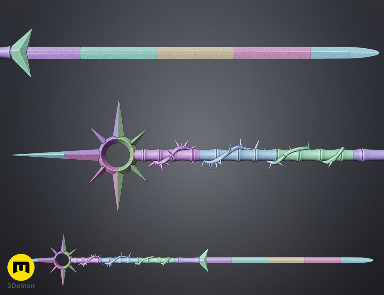 Color-coded exploded parts view of Lythienne Dark Enchantress Staff Lords of the Fallen STL showing Bottom Middle Top segments labeled for 3D printing assembly