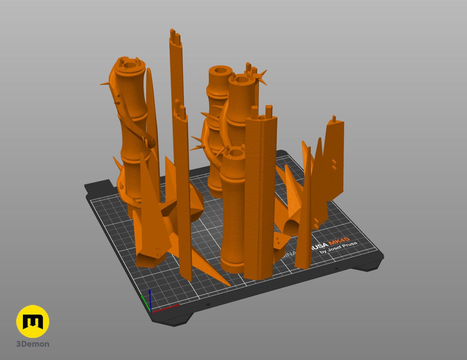 Slicer screenshot of Lythienne Dark Enchantress Staff Lords of the Fallen STL parts on Prusa virtual print beds orange segments ready for 3D printing