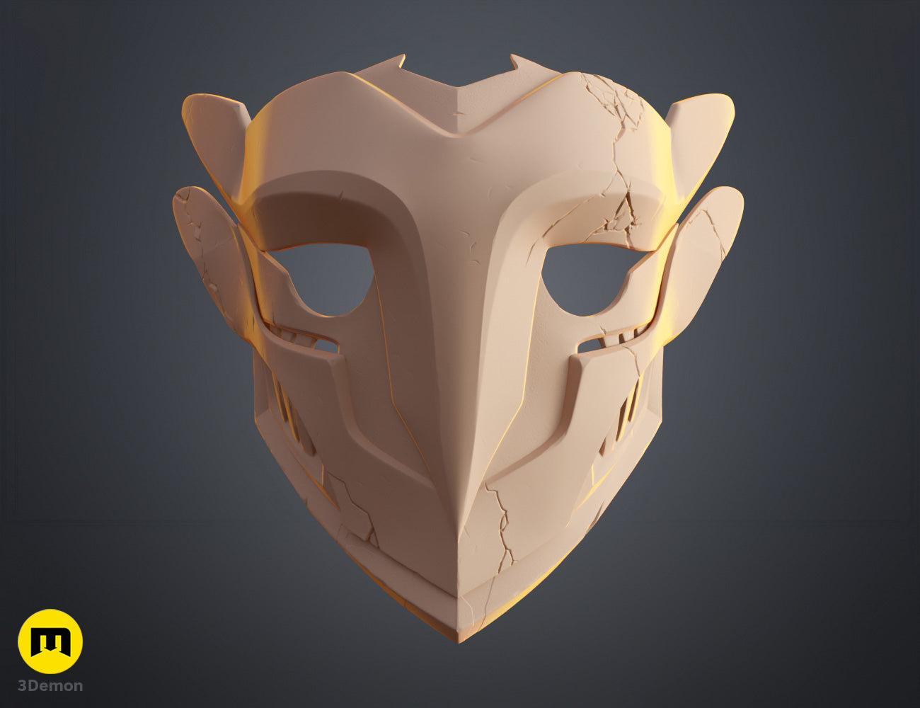 Clay render of Ekko Firelighter Mask Arcane faceplate front view showing sculpted edges battle-damage cracks and central nose structure detail