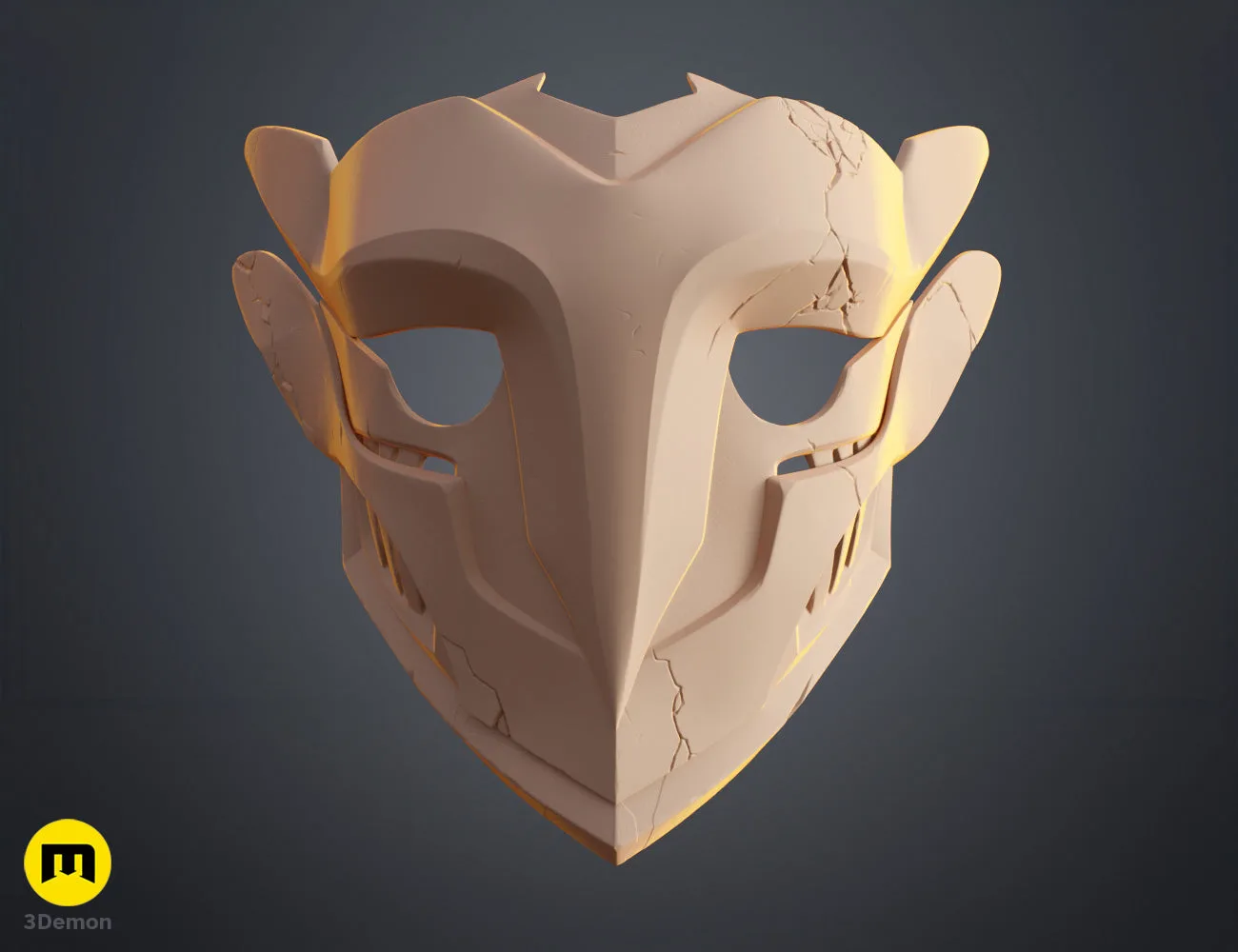 Clay render of Ekko Firelighter Mask Arcane faceplate front view showing sculpted edges battle-damage cracks and central nose structure detail