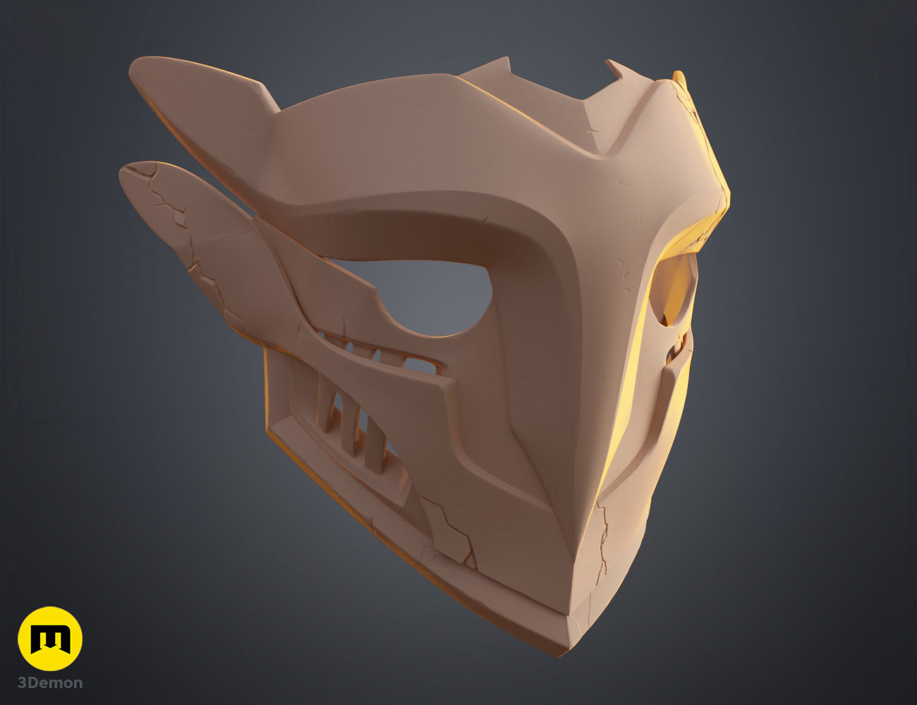 Clay render high angle perspective view of Ekko Firelighter Mask Arcane STL showing overall owl-like silhouette and side protrusion geometry