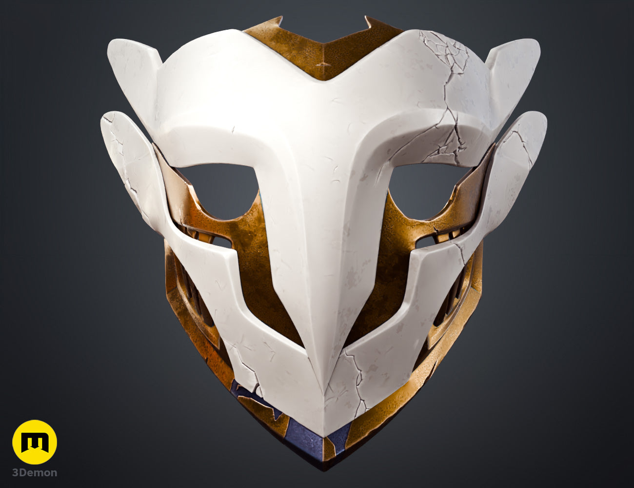 Painted 3D render classic color scheme Ekko Firelighter Mask Arcane white faceplate copper bronze accents glowing green lenses front view