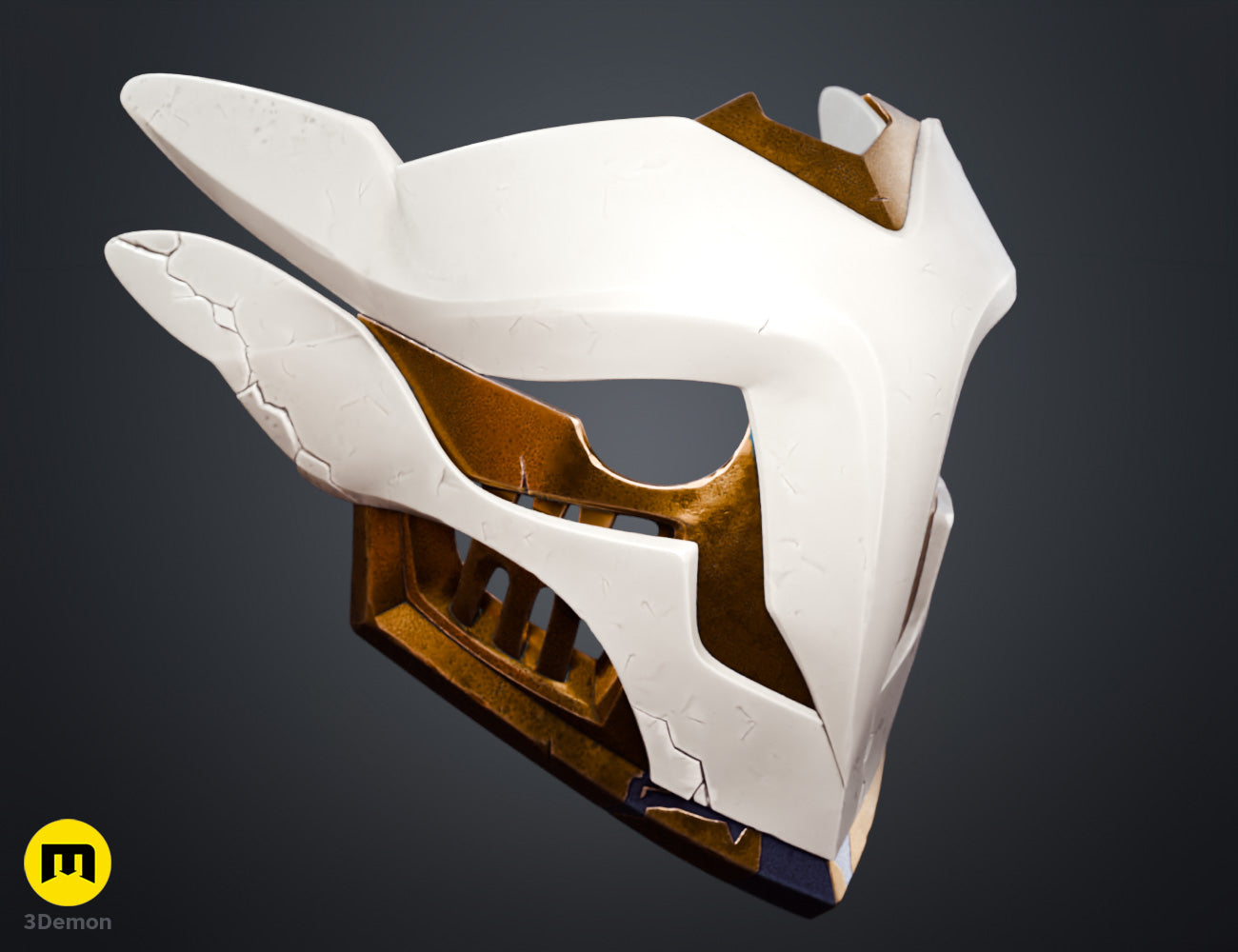 Painted 3D render weathered color variant of Ekko Firelighter Mask Arcane white bronze aged metallic look with pronounced dirt wear and patina