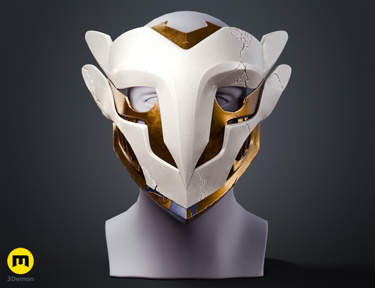 Painted 3D render of Ekko Firelighter Mask Arcane dark grey black bronze variant with battle damage weathering green glowing eye lenses