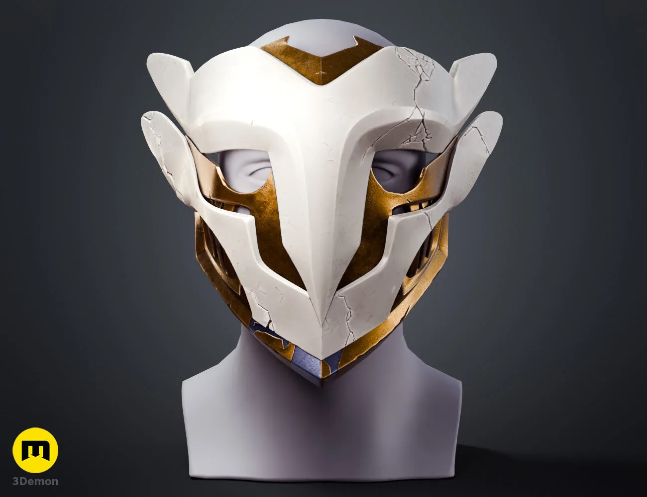 Painted 3D render of Ekko Firelighter Mask Arcane dark grey black bronze variant with battle damage weathering green glowing eye lenses