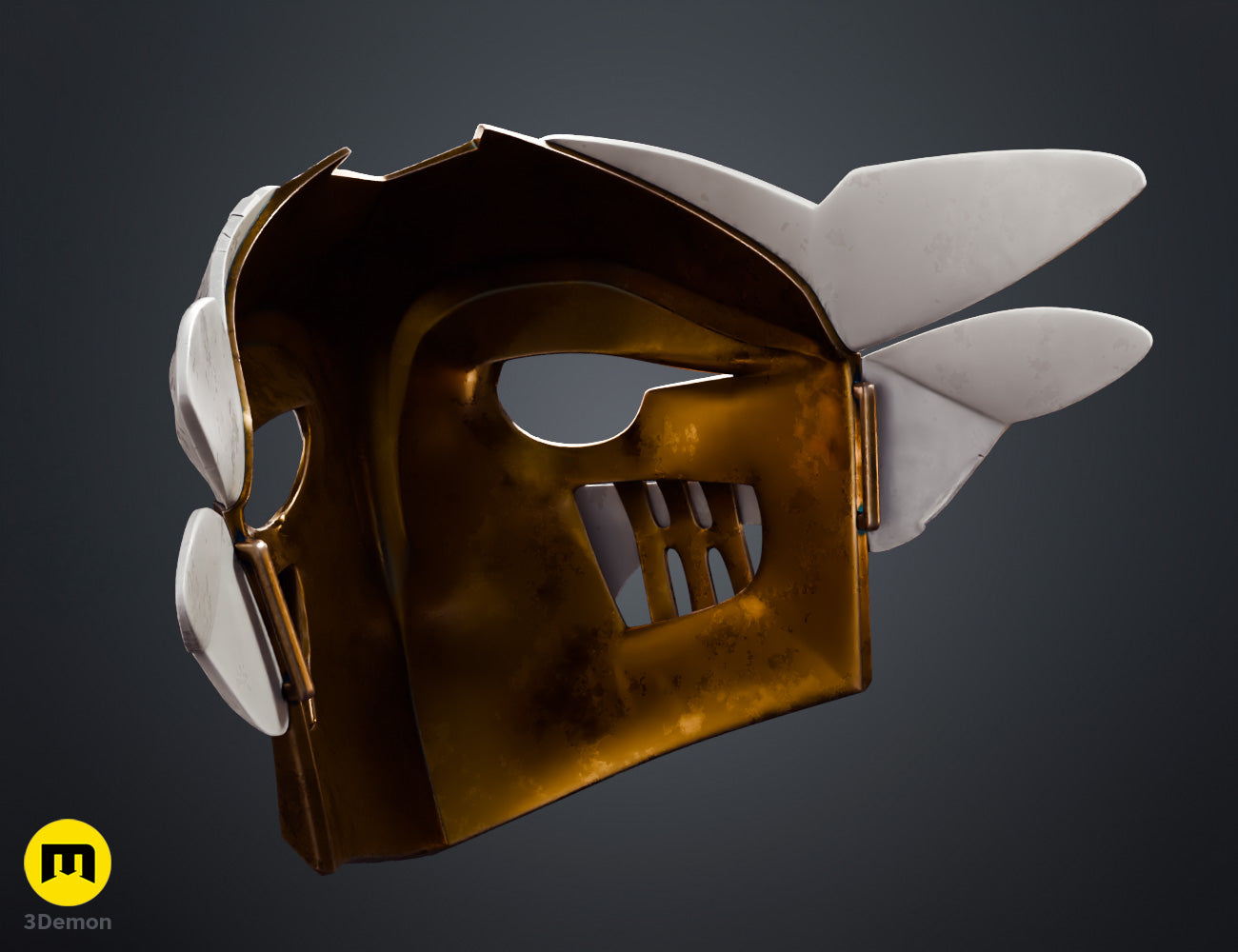 Painted 3D render of Ekko Firelighter Mask Arcane white bronze variant with teal blue forehead highlights and glowing lens side goggles detail