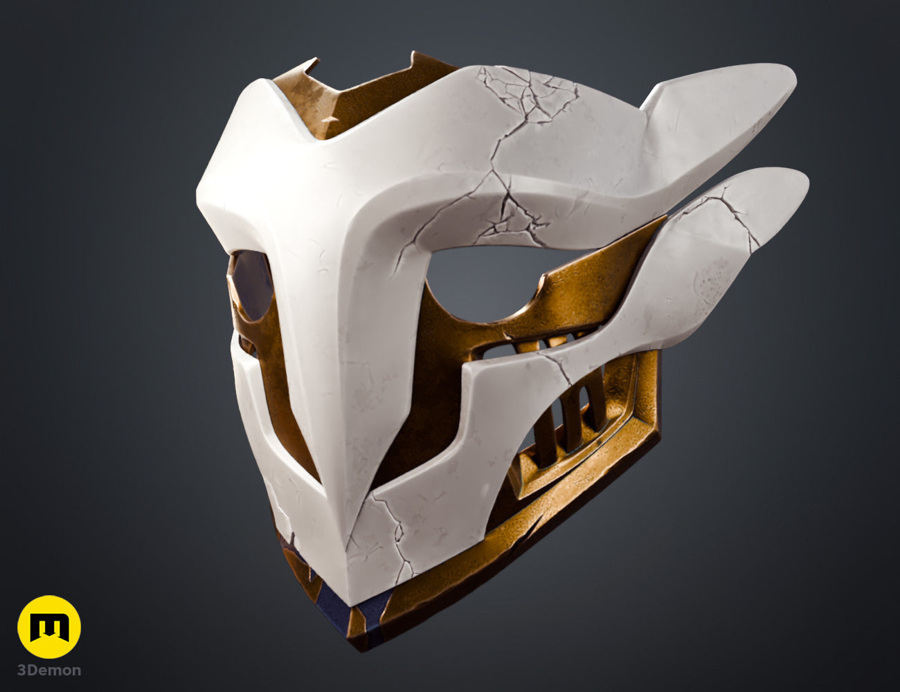 Product cover render of Ekko Firelighter Mask Arcane white copper bronze goggles glowing green lenses against dark industrial background