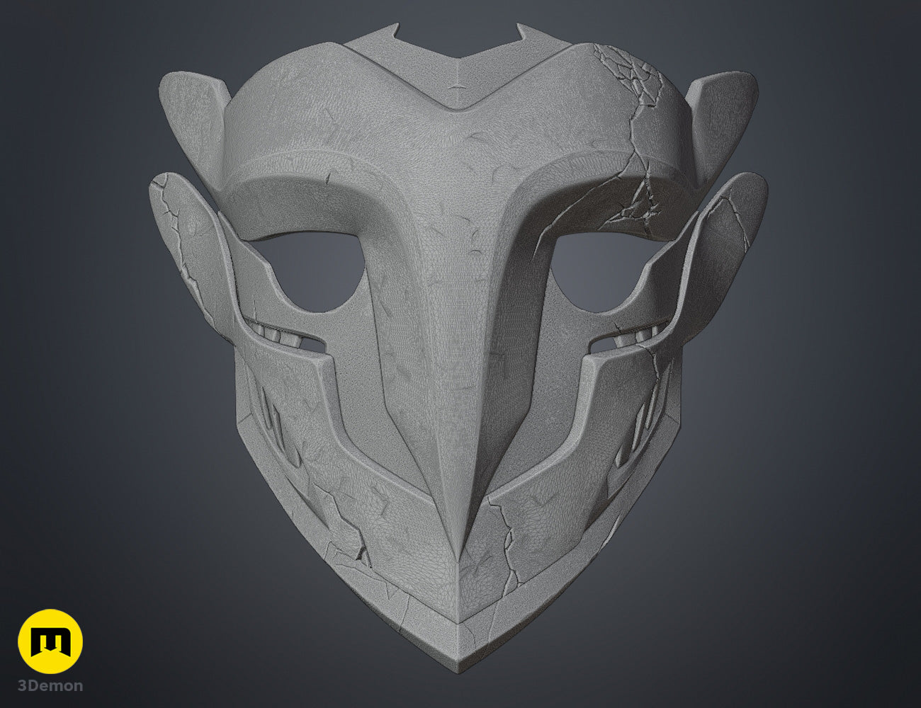 Wireframe mesh render of Ekko Firelighter Mask Arcane full 3D model showing high-density polygon topology structure of entire mask