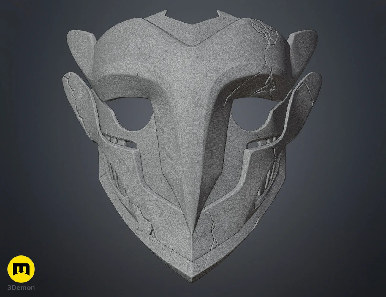 Wireframe mesh render of Ekko Firelighter Mask Arcane full 3D model showing high-density polygon topology structure of entire mask