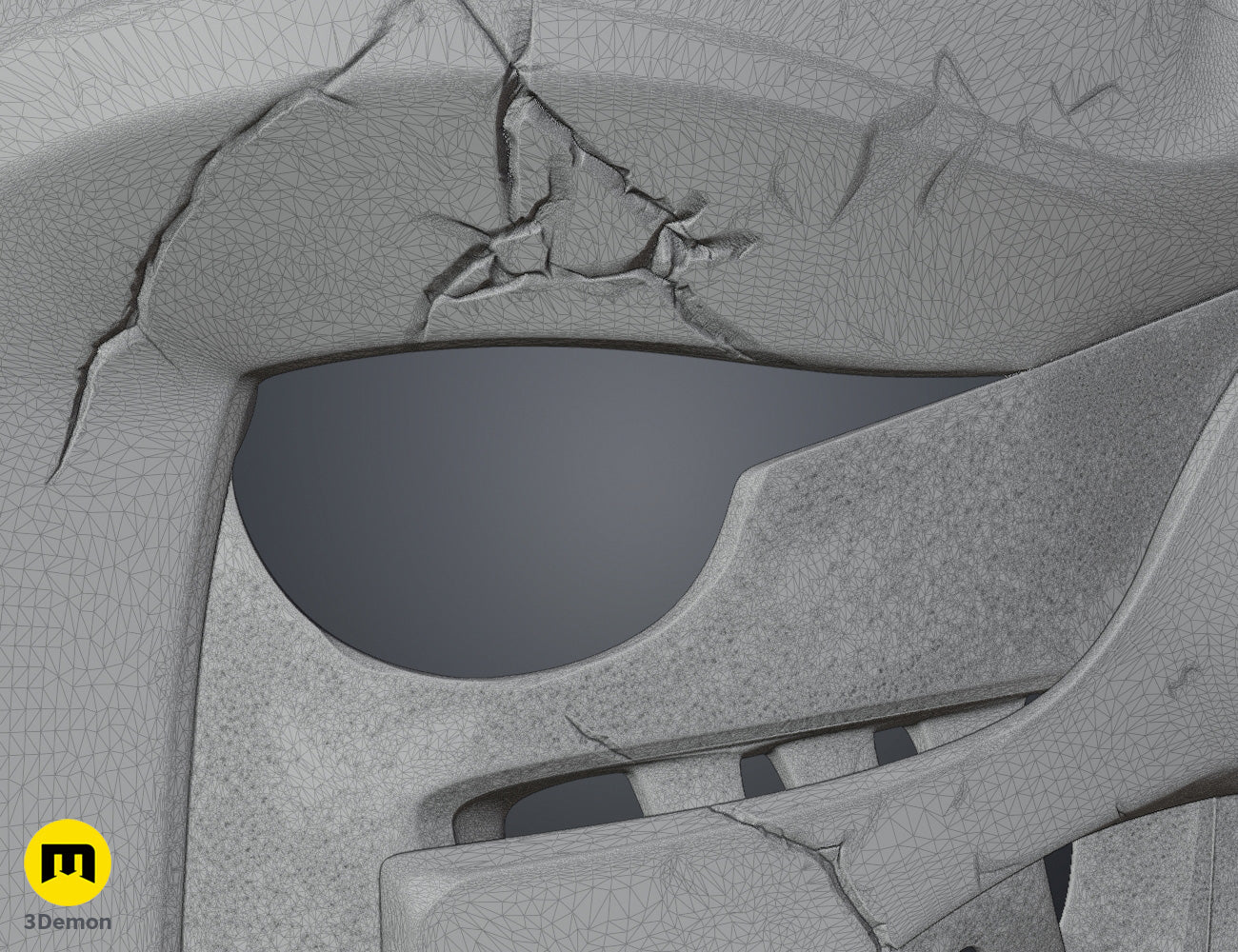 Wireframe mesh close-up of Ekko Firelighter Mask Arcane showing dense polygon flow and geometry density of detailed sculpted section